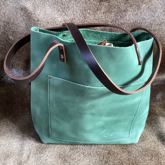 Portland Leather Goods Limited Edition Raw Leather Green Tote Handbag - Picture 2 of 12